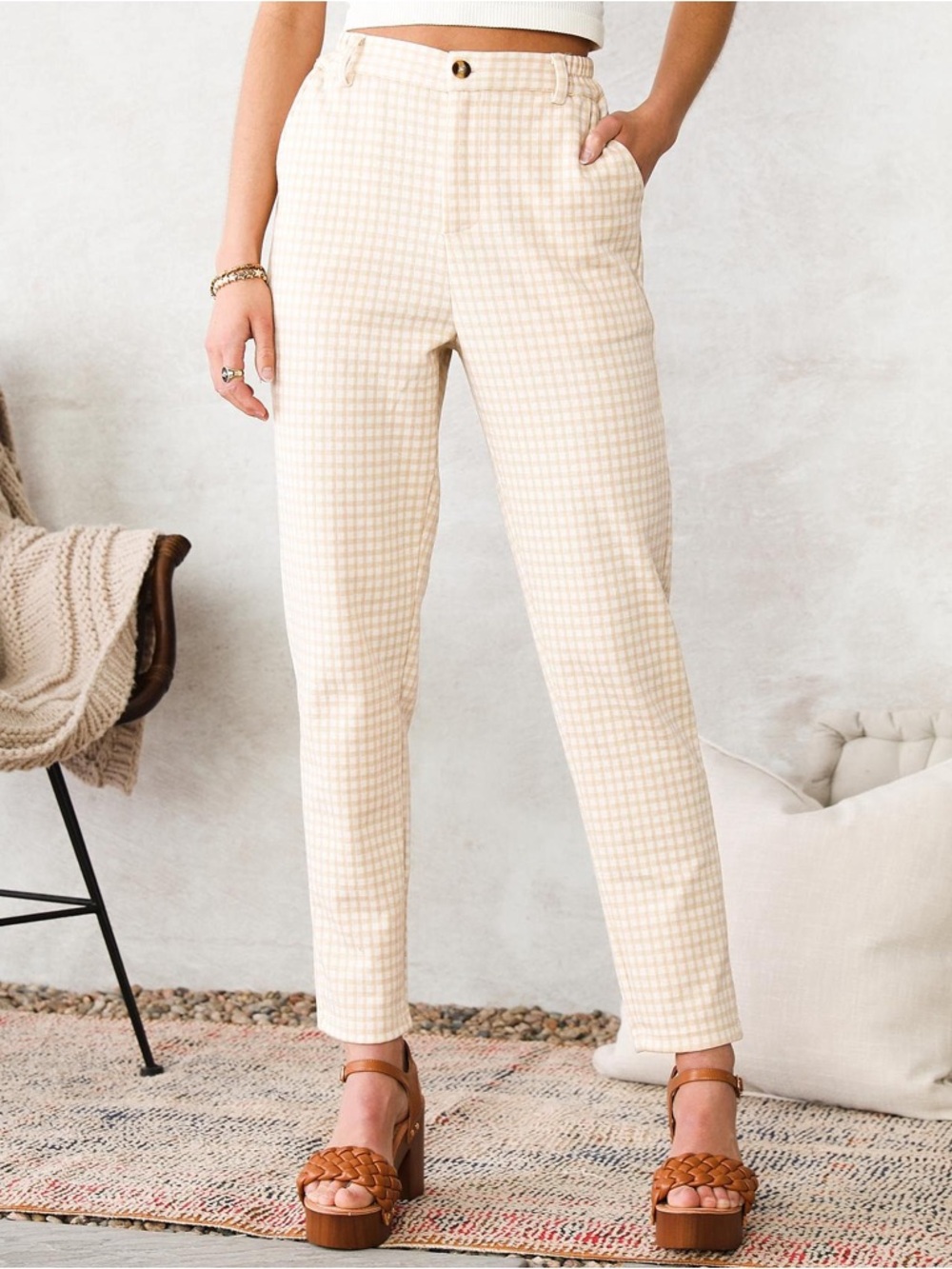 Willow & Root High-Rise Beige Gingham Straight Pants Size Small
